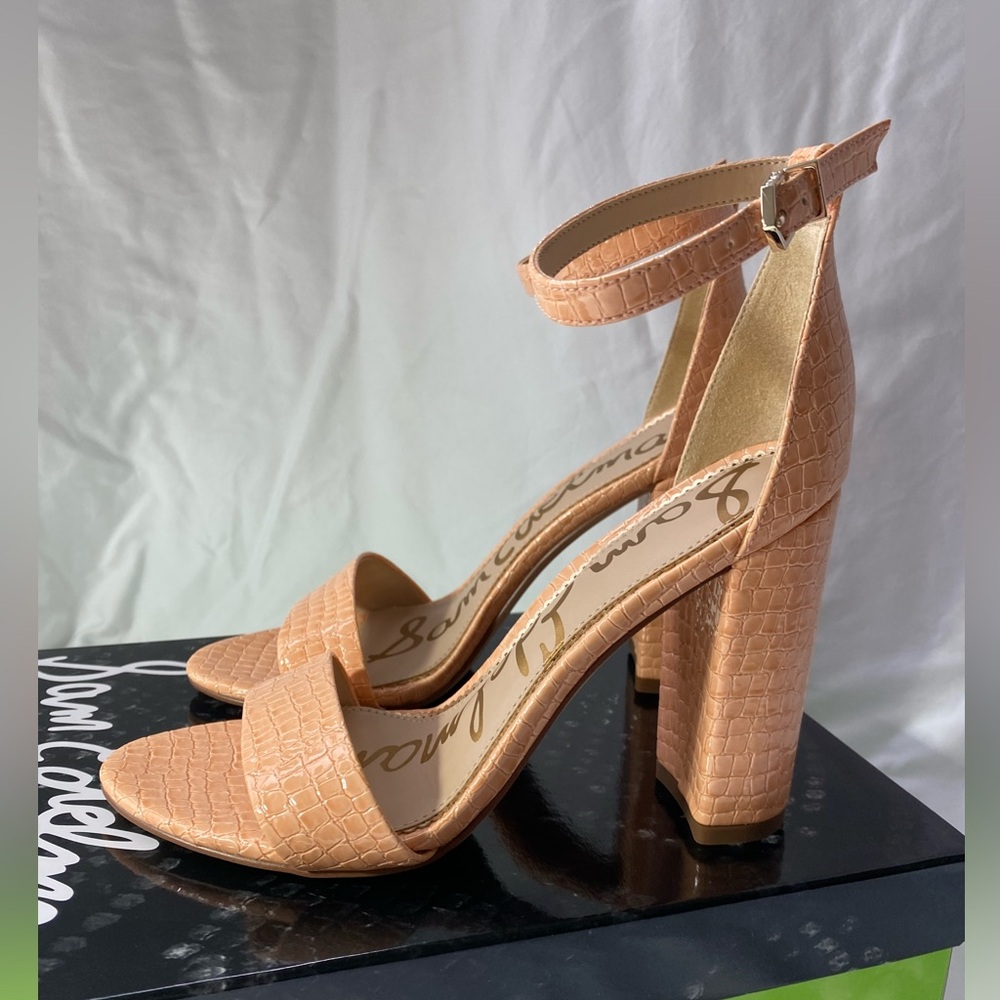 Sam Edelman Peach Croc-Embossed Ankle Strap Block Heels